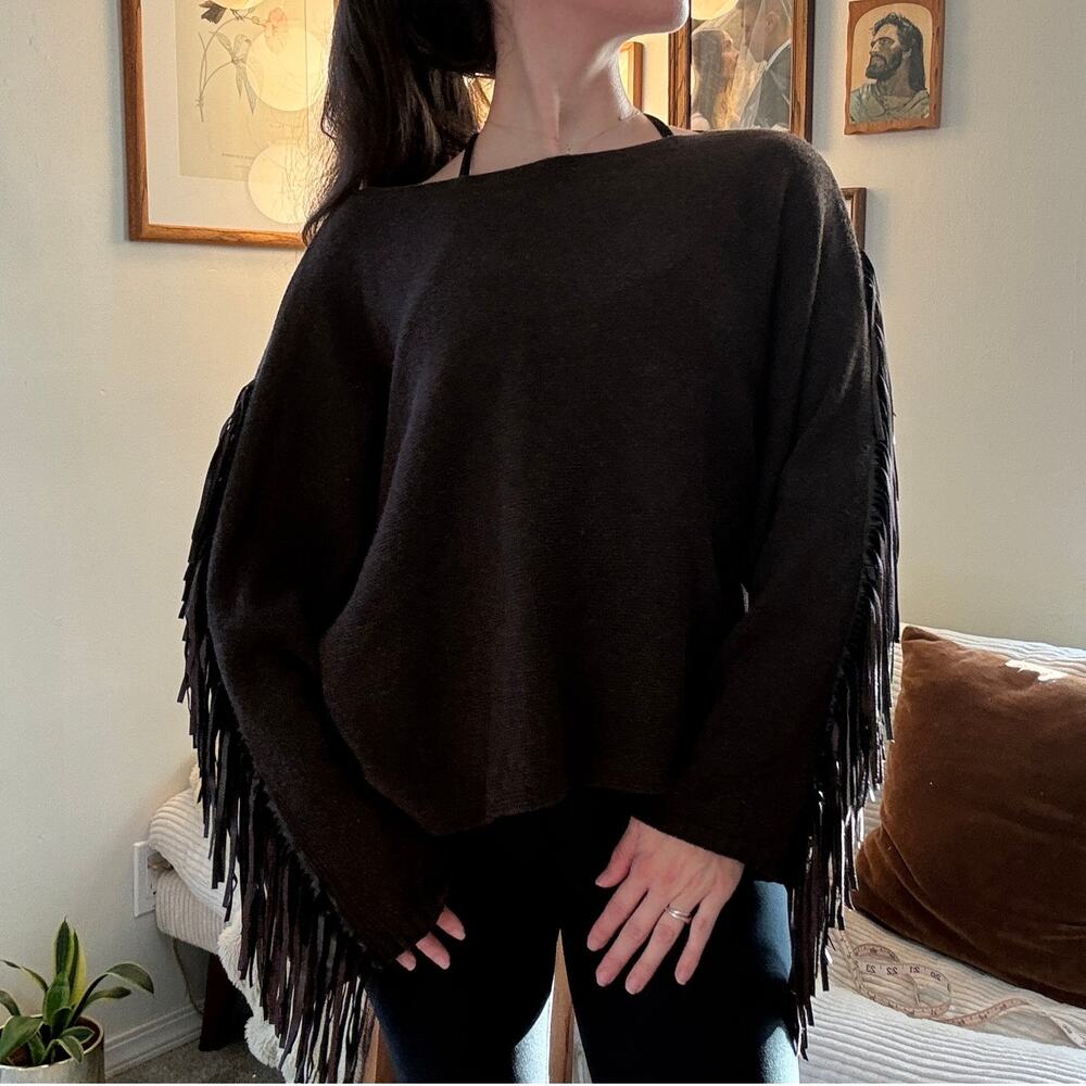 JIJIL Wool Cashmere Blend Fringe Brown Sleeve Knit Sweater Boho NWT Size S